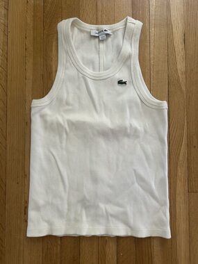 Lacoste Cream Ribbed Tank with Green Croc Emblem